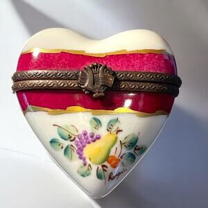 Authentic Limoges Heart Shaped Fruit Trinket Box, Engagement Ring Box, Pillbox